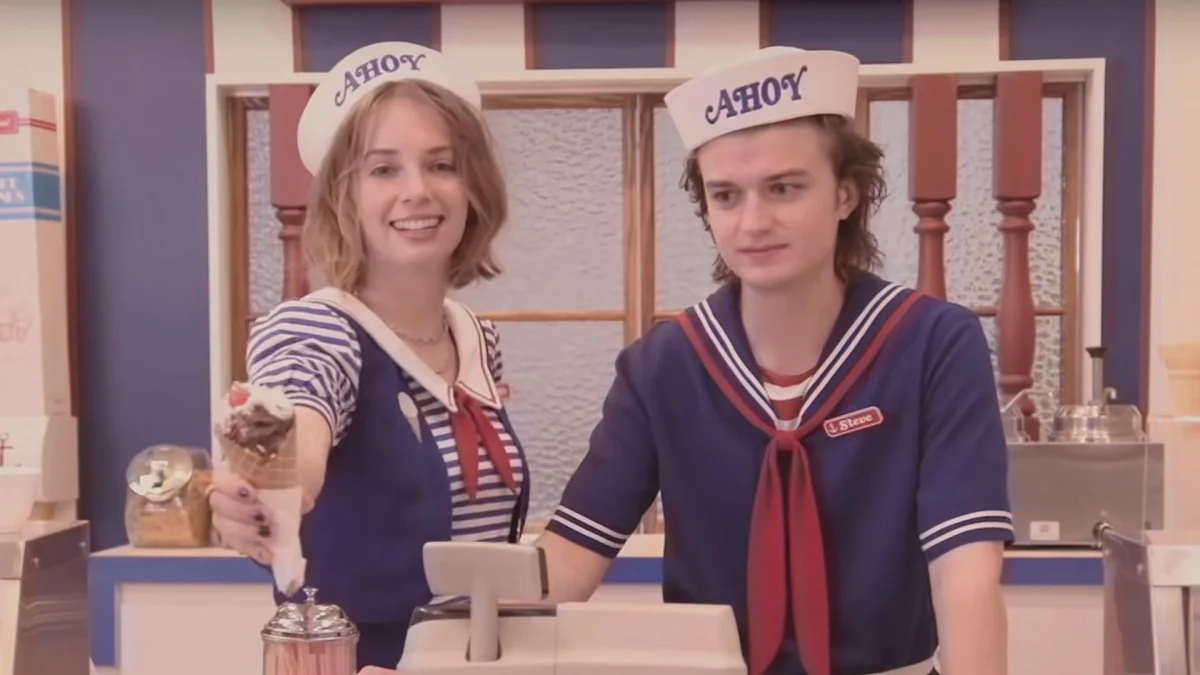 Teenagers working their first job at Scoops Ahoy, as featured in Netflix's original series Stranger Things.